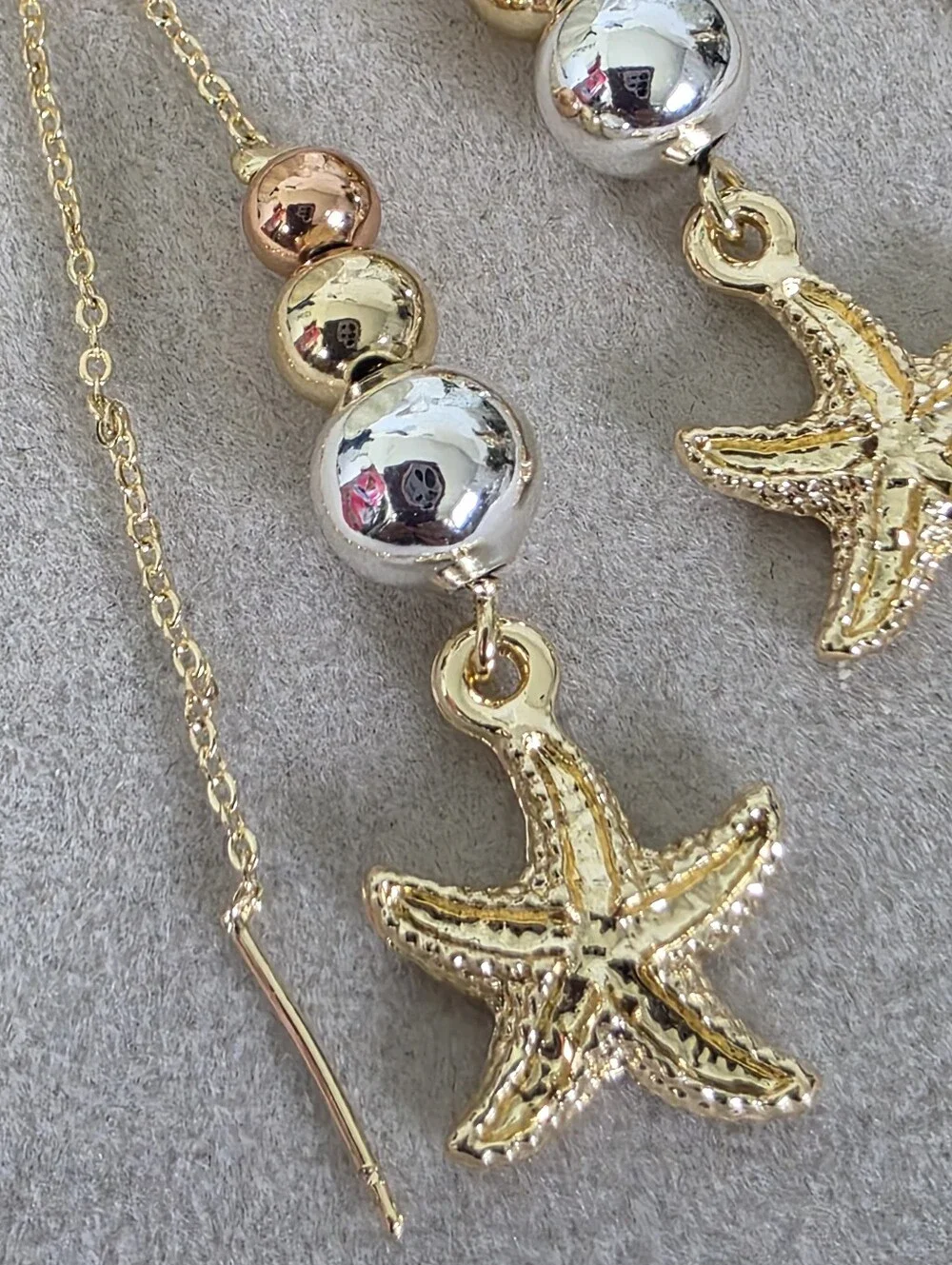 Gold Filled Tricolor Bead Starfish Drop Threader Earrings Mermaid Coastal